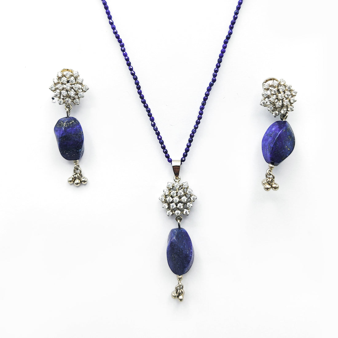 Niz & Aly lapis lazuli pendant on beaded string with matching drop earrings featuring crystal floral accents