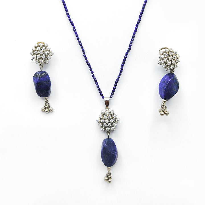 Niz & Aly lapis lazuli pendant on beaded string with matching drop earrings featuring crystal floral accents