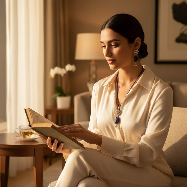 Niz & Aly lapis lazuli pendant on beaded string and matching drop earrings worn by a woman reading a book.
