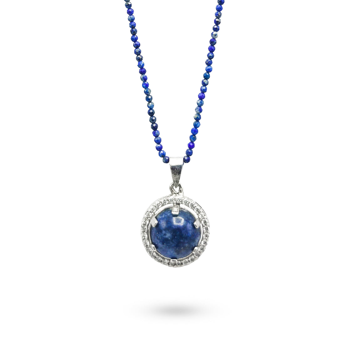 Niz & Aly Celestial Blue Lapis pendant necklace featuring a round lapis lazuli gemstone on a beaded blue stone chain