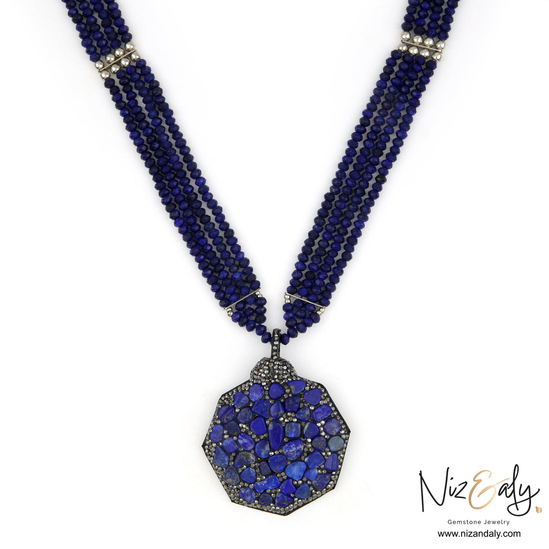 Niz & Aly statement necklace featuring three strands of blue quartz beads and a hexagonal lapis lazuli chip pendant.