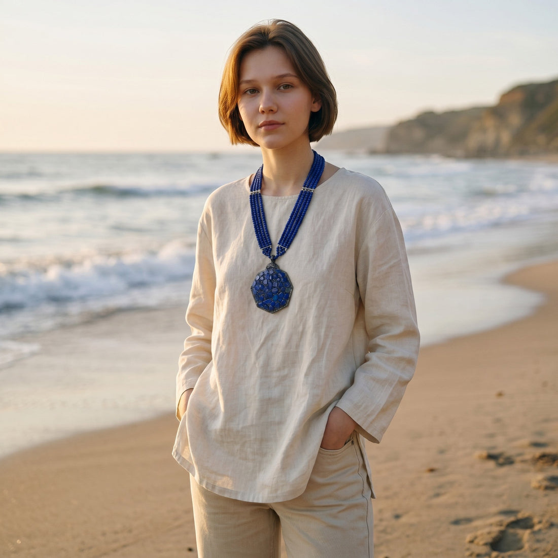 Niz & Aly statement necklace with blue quartz beads and a lapis lazuli chip pendant worn by a woman on a beach.