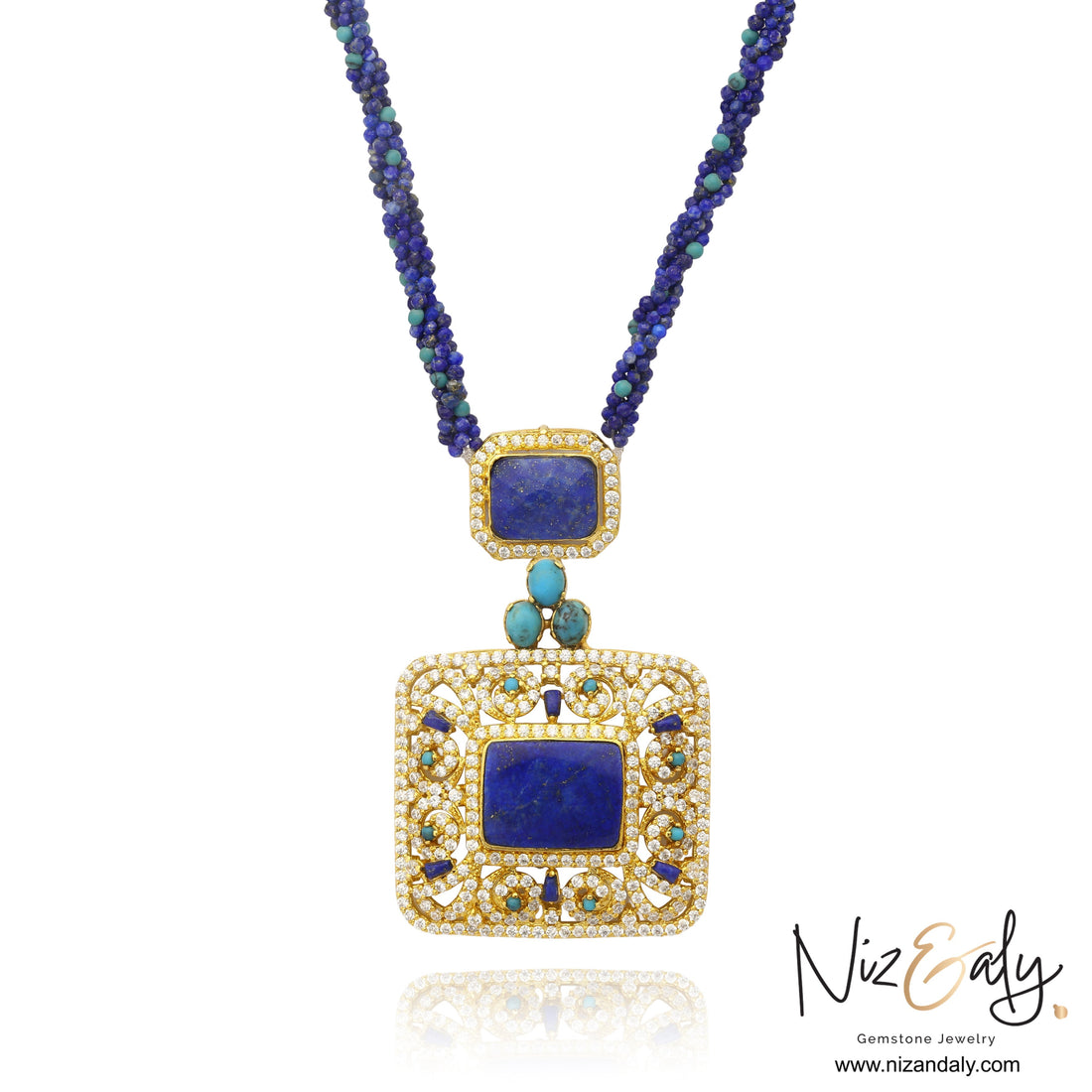 Niz & Aly Blue Monarch statement necklace featuring a square lapis lazuli pendant, Kingman turquoise, and gold detailing.