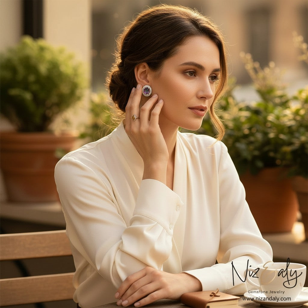 Niz & Aly oval lilac kunzite halo stud earrings worn by a woman in a white blouse at an outdoor cafe