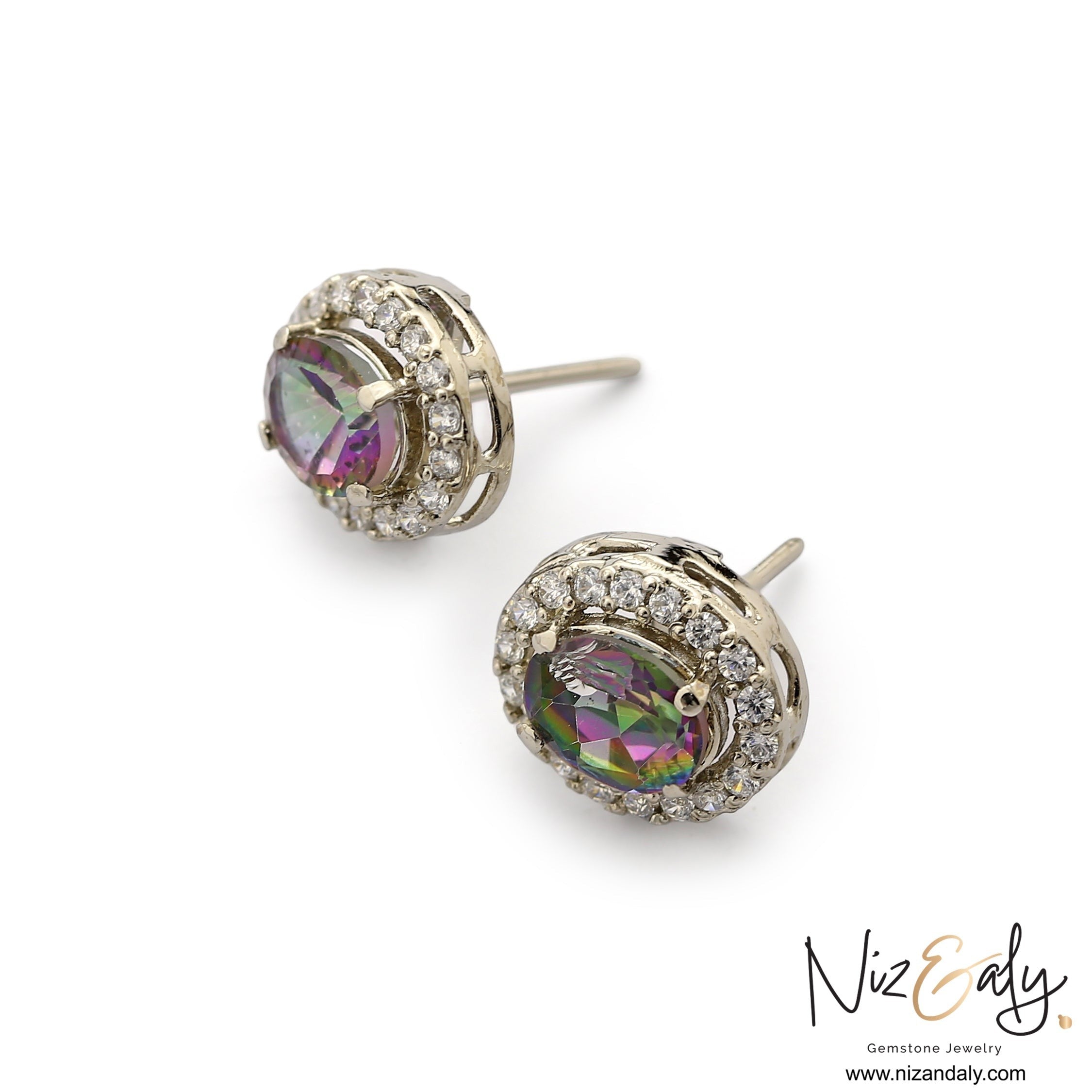 Niz & Aly oval lilac kunzite halo stud earrings in white gold-plated sterling silver with shimmering crystal accents.