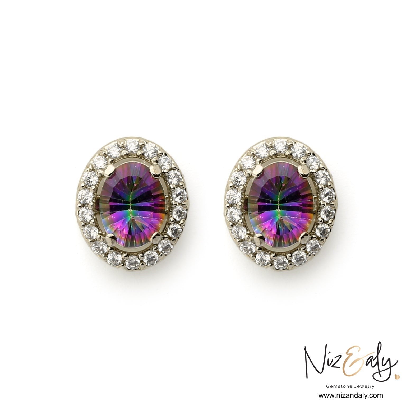 Niz & Aly oval lilac kunzite halo stud earrings in white gold-plated sterling silver with shimmering crystal accents.