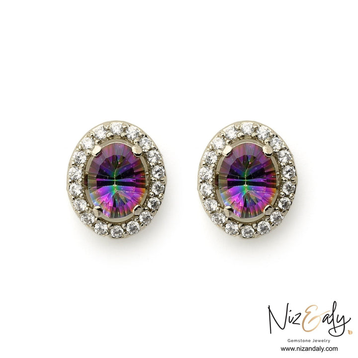 Niz & Aly oval lilac kunzite halo stud earrings in white gold-plated sterling silver with shimmering crystal accents.