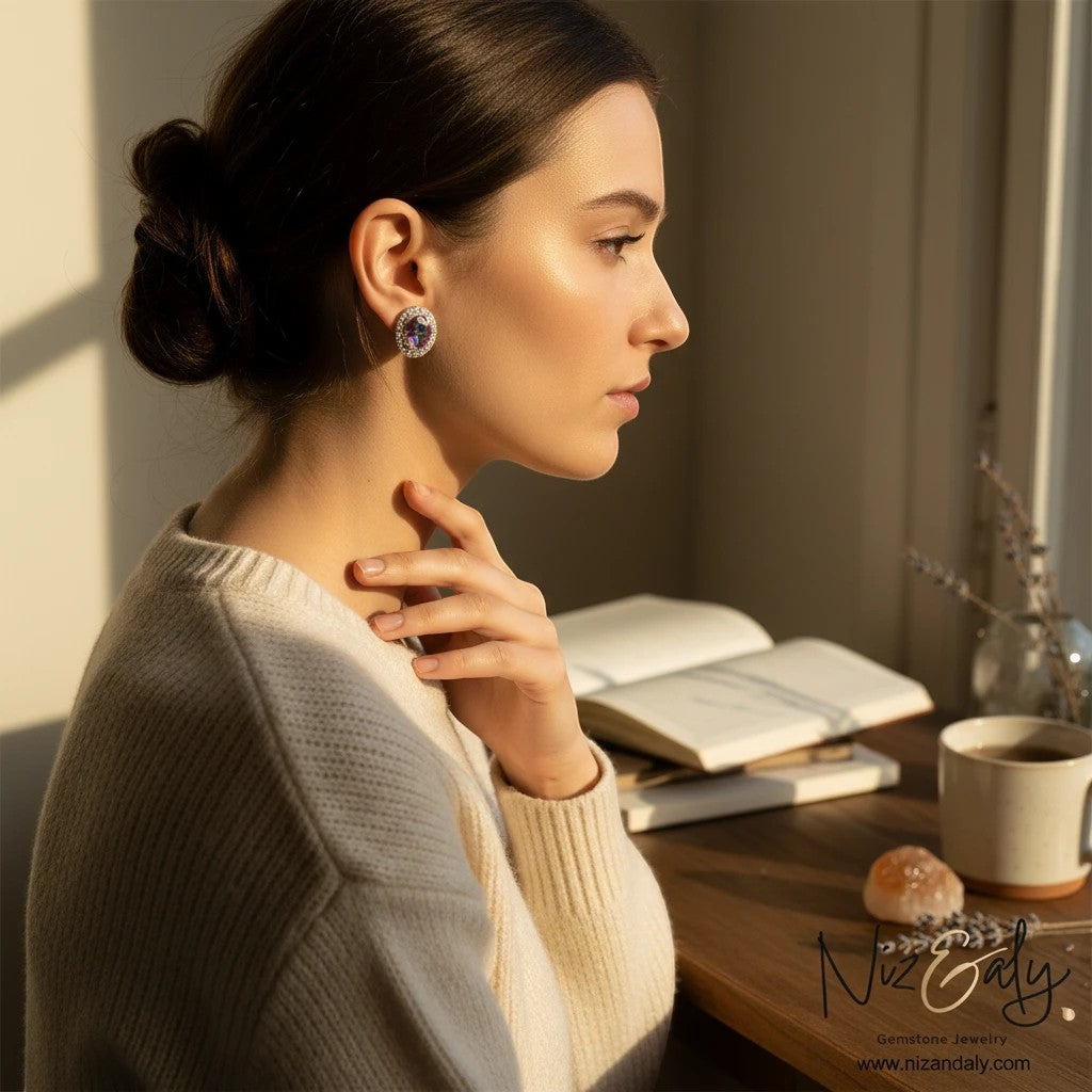 Niz & Aly oval lilac kunzite halo stud earrings worn by a woman in a sunlit room with books and a coffee mug.
