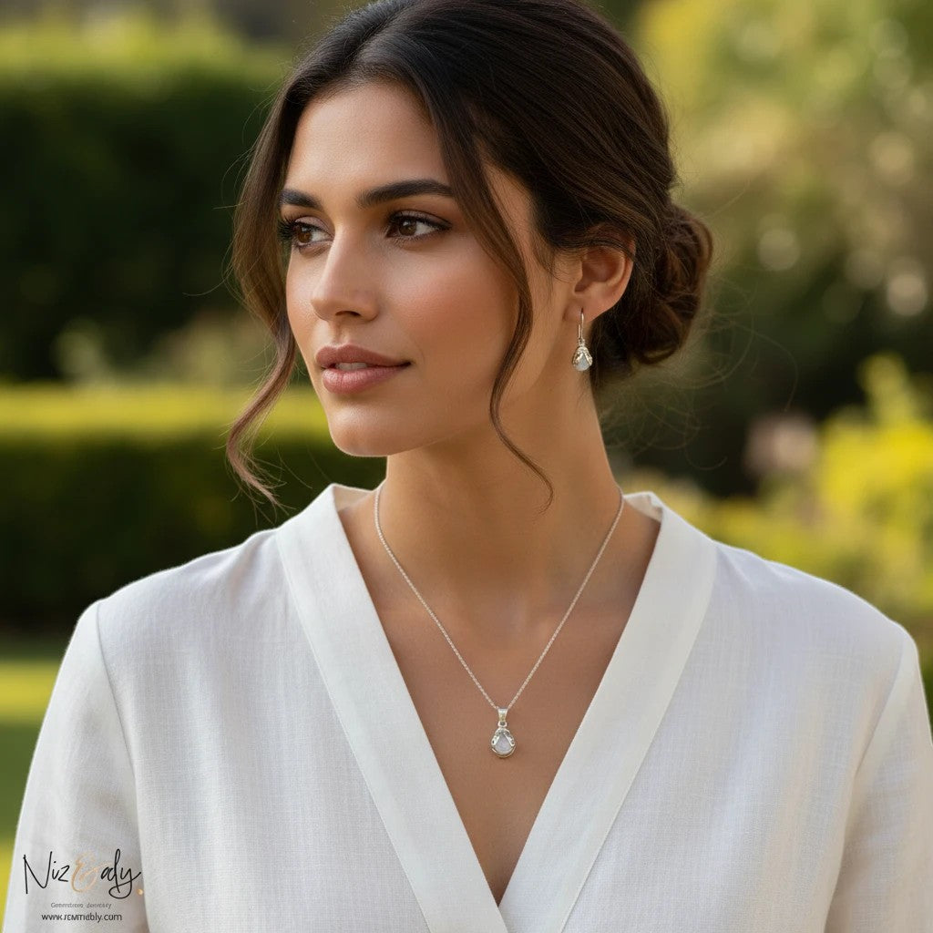 Niz & Aly moonstone bumble bee pendant and earring set worn by a woman in a white top against a blurred garden backdrop