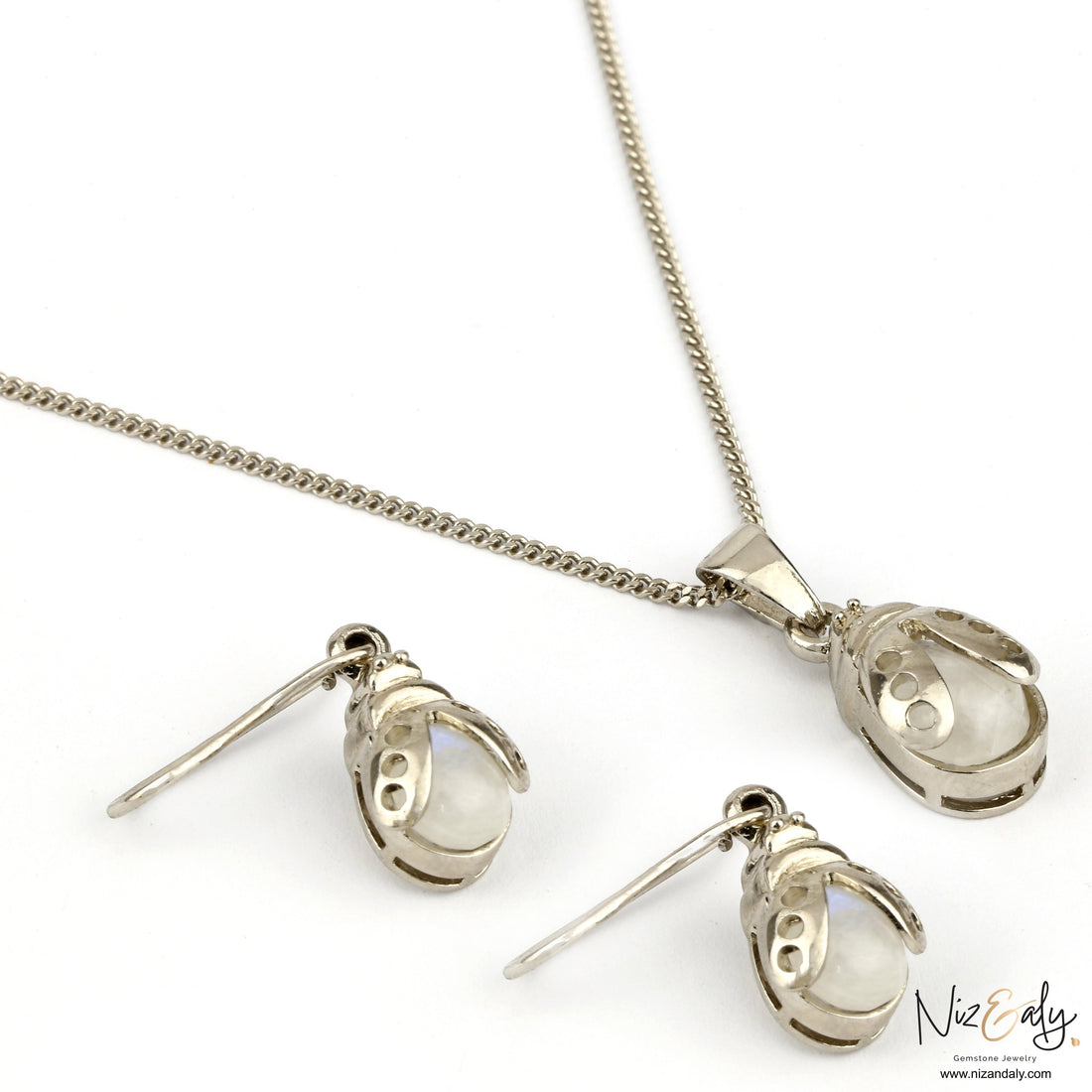 Niz & Aly moonstone bumble bee pendant and earring set in silver with iridescent gemstone and insect motif