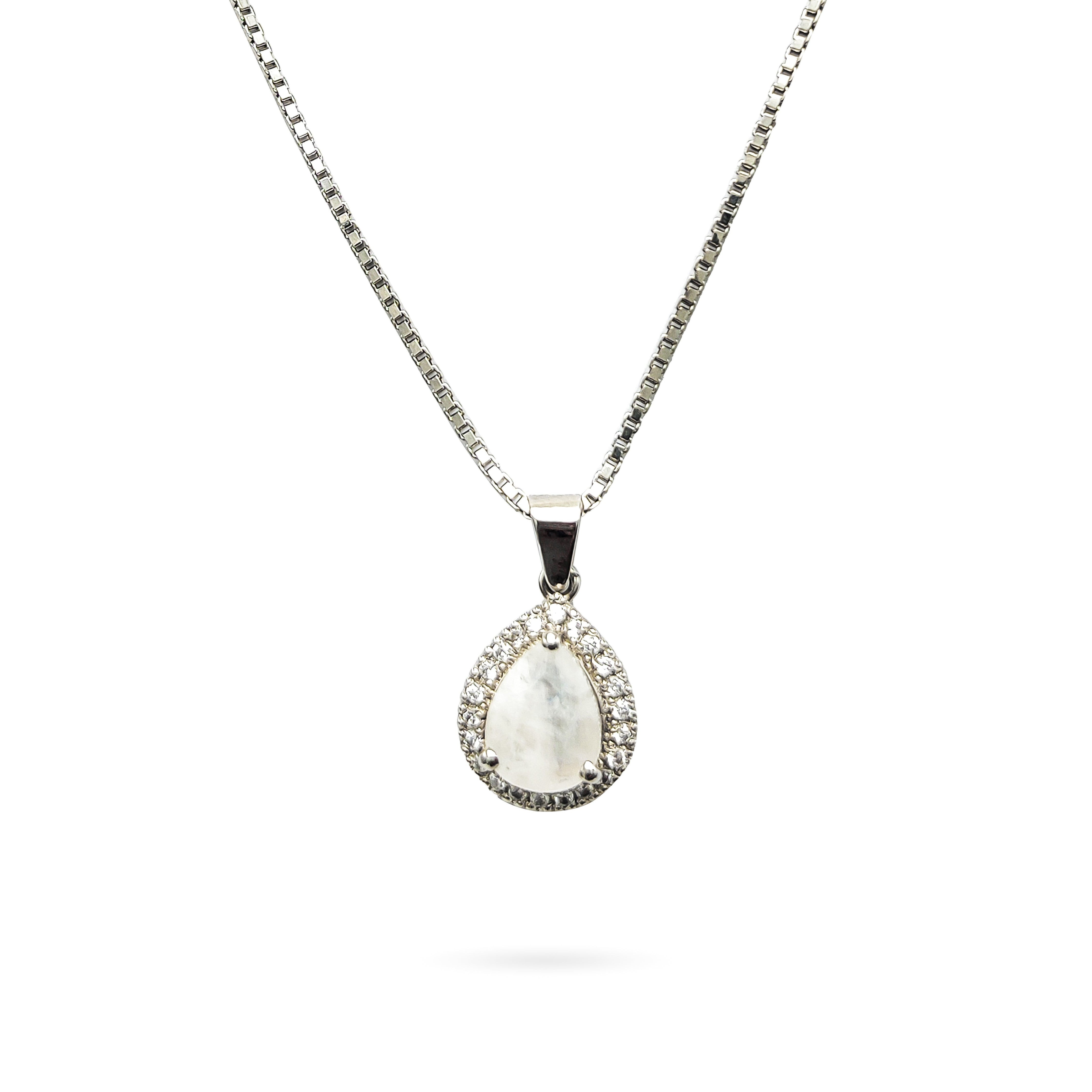 Niz & Aly teardrop moonstone pendant with blue flash and halo of small crystals on a silver chain
