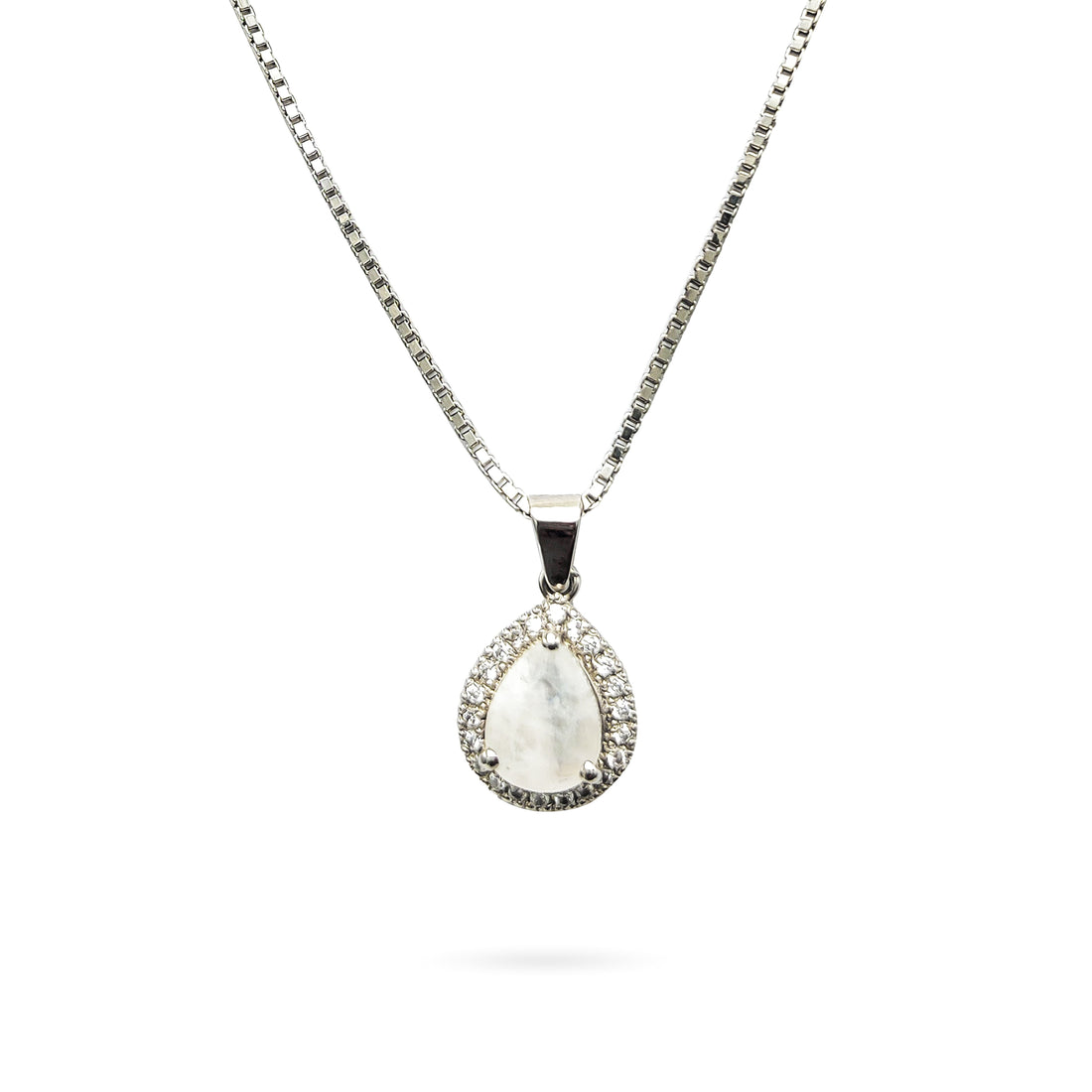 Niz & Aly teardrop moonstone pendant with blue flash and halo of small crystals on a silver chain