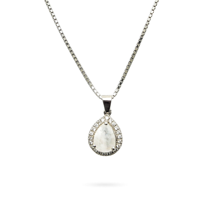 Niz & Aly teardrop moonstone pendant with blue flash and halo of small crystals on a silver chain
