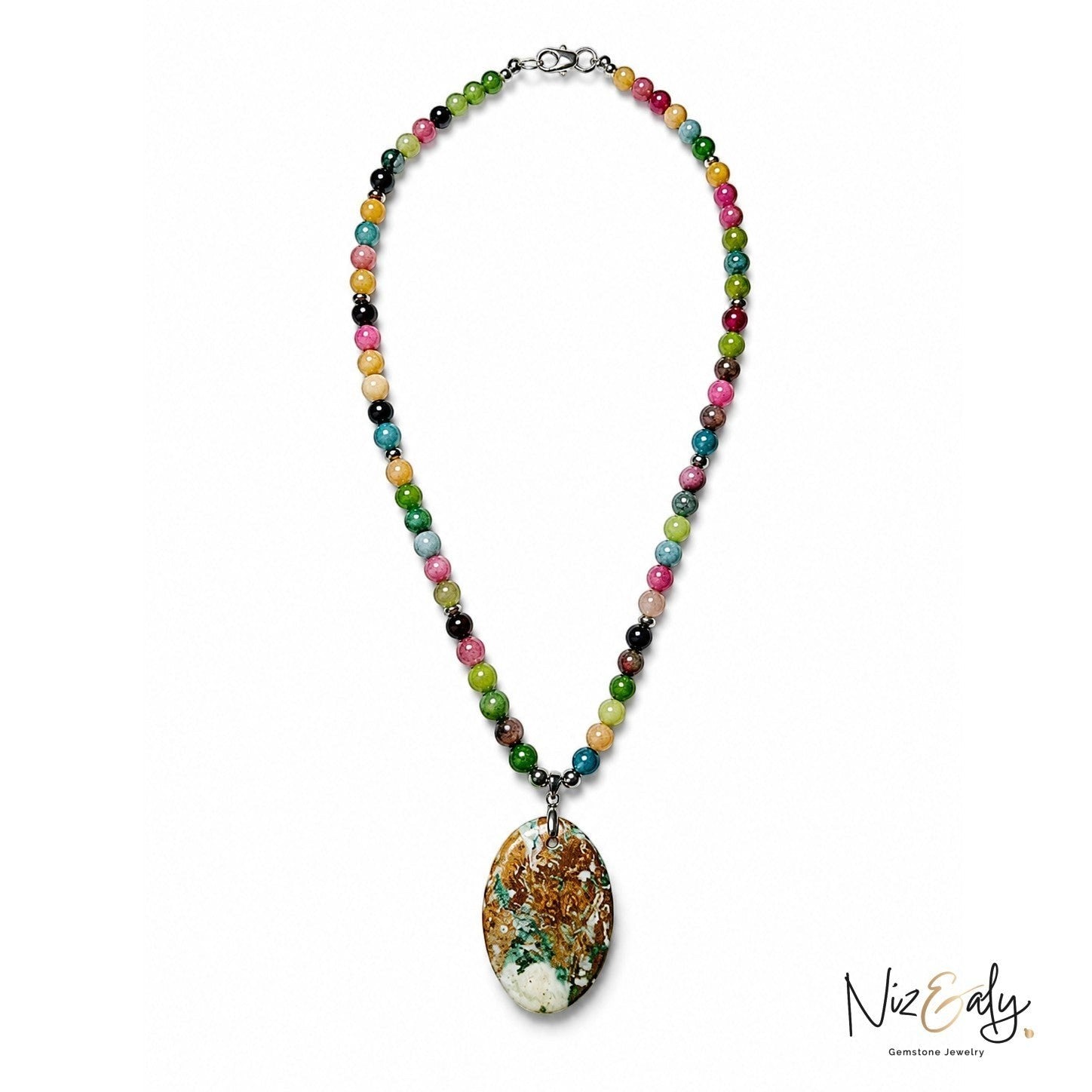 Niz & Aly multi-colored gemstone bead necklace featuring a large, unique patterned oval stone pendant.