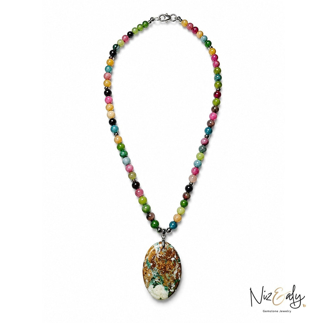 Niz & Aly multi-colored gemstone bead necklace featuring a large, unique patterned oval stone pendant.