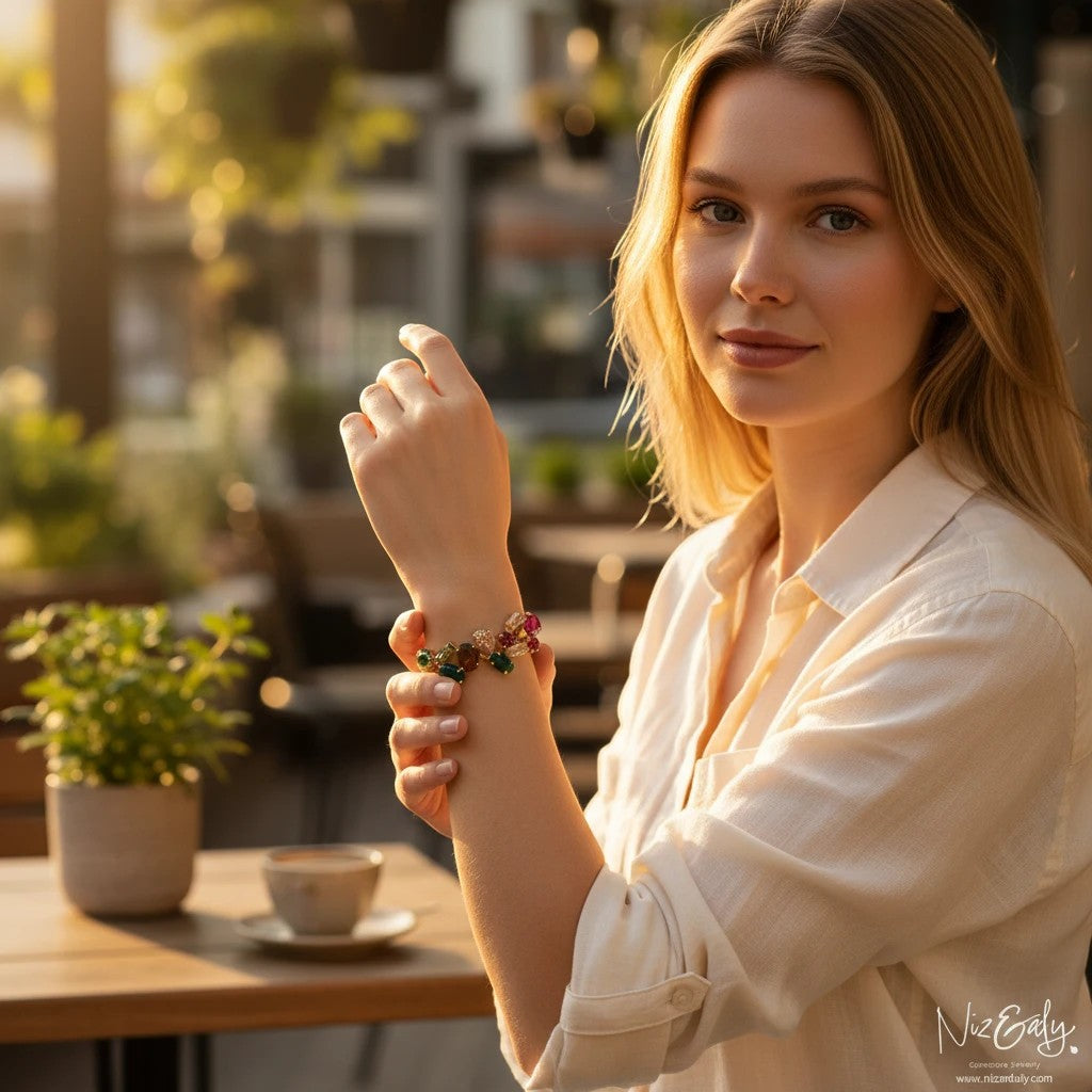 Niz & Aly gold-plated bracelet with composite ruby and multi-colored cubic zirconia worn by a woman at a cafe.
