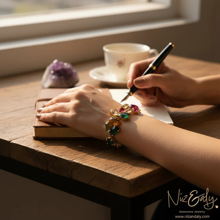 Niz & Aly gold-plated bracelet with composite ruby and multi-colored cubic zirconia stones worn on a woman's wrist.