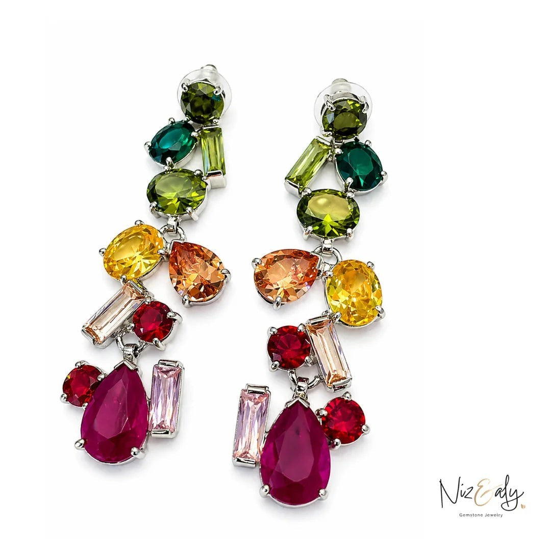 Niz & Aly crystal drop earrings featuring multi-colored faceted gemstones in a vibrant, elegant dangling design.