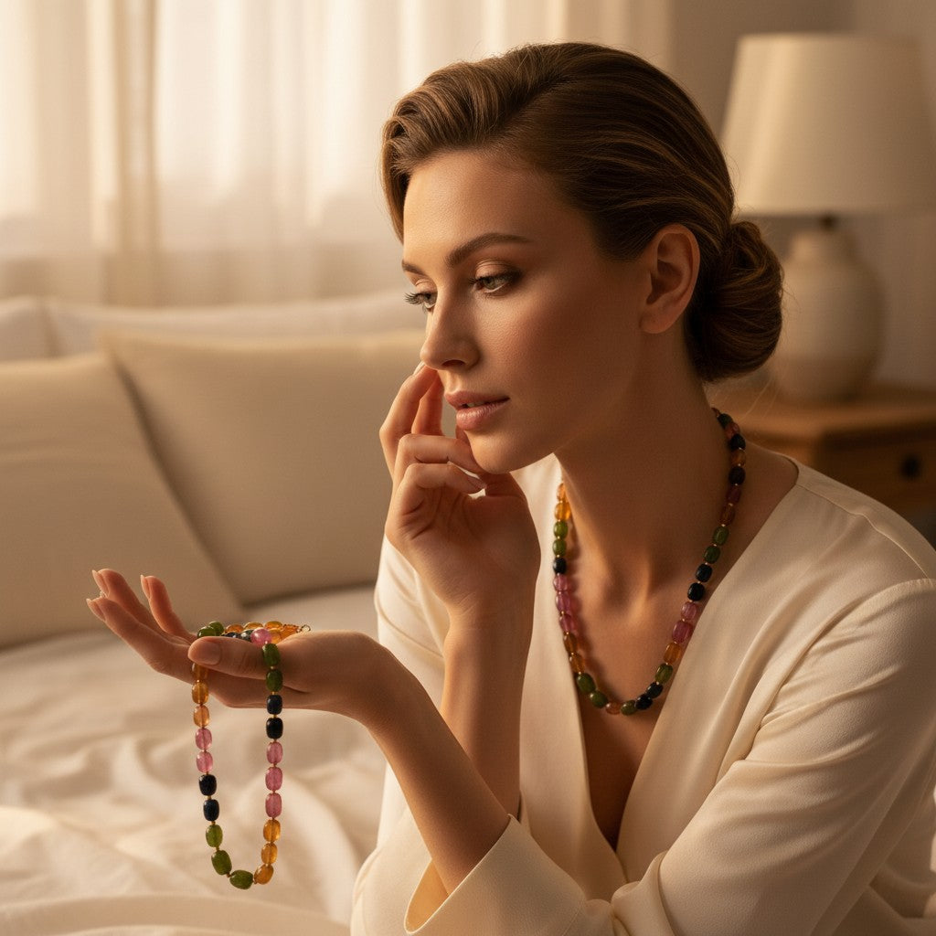 Niz & Aly multicolored rectangular jade quartz necklace worn by a woman in a cream blouse in a soft bedroom setting.