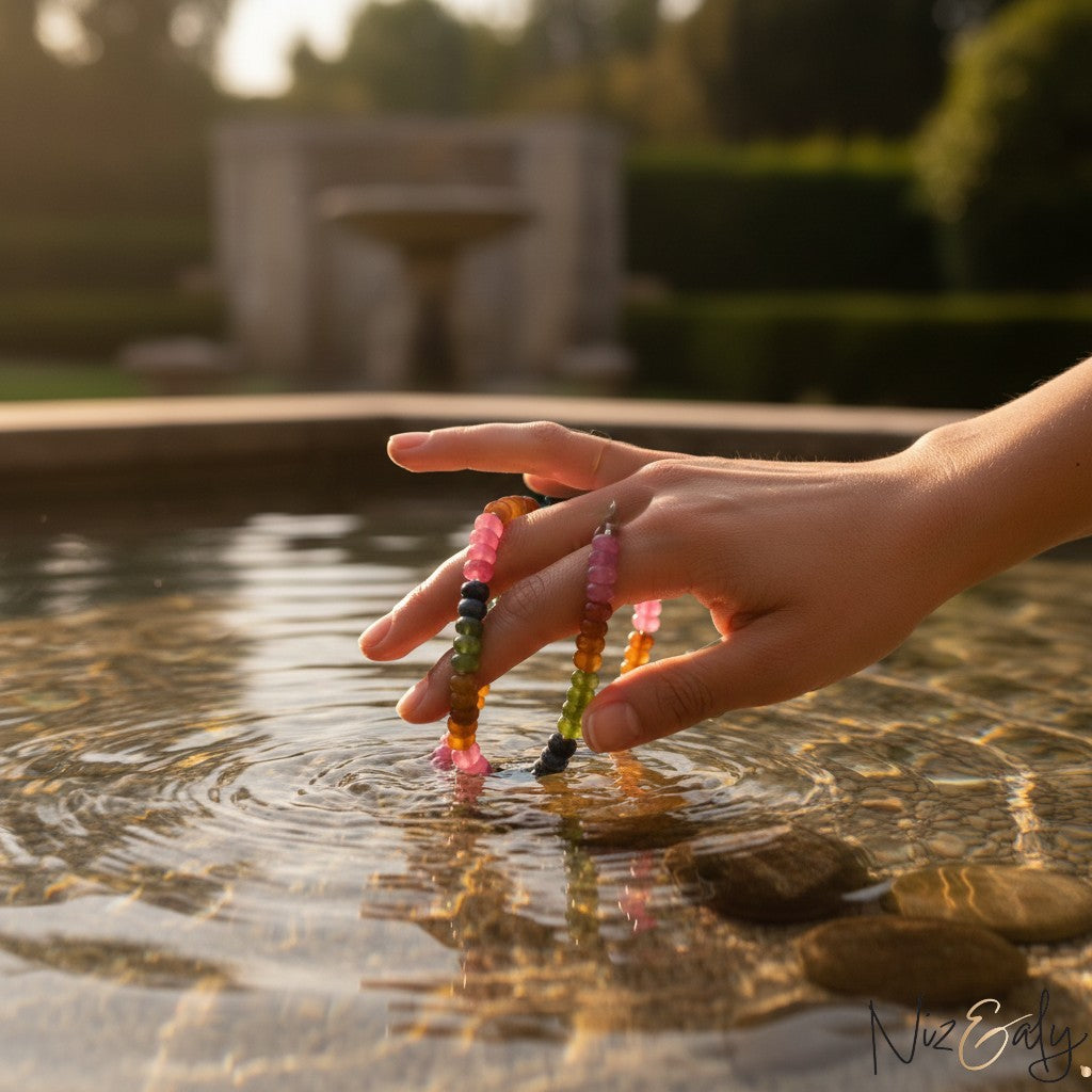Niz & Aly multicolored oval jade quartz necklace held by a hand dipping into a serene garden fountain at sunset.