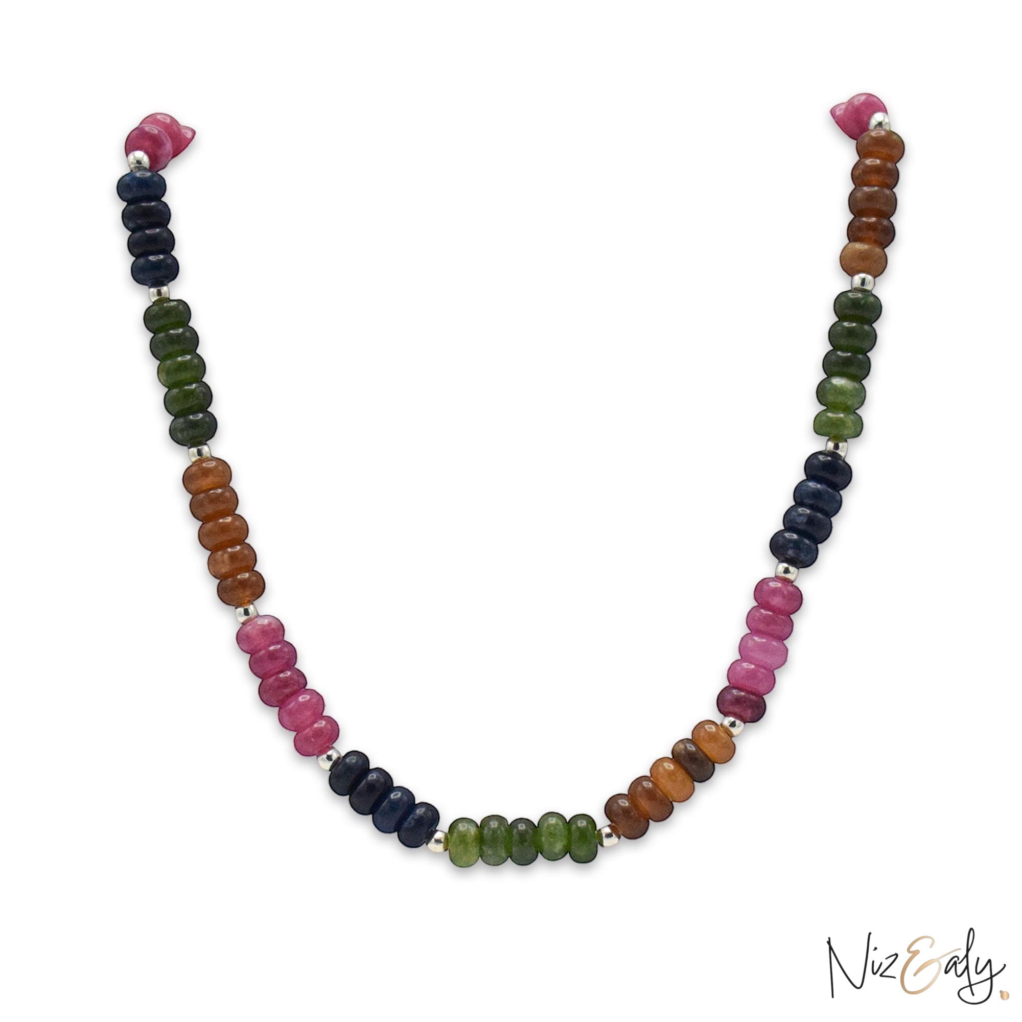 Niz & Aly multicolored oval jade quartz gemstone necklace with smooth beads in green, pink, blue, and gold tones.