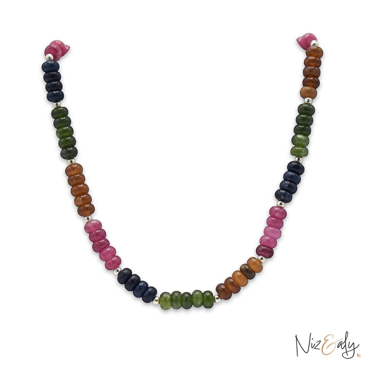 Niz & Aly multicolored oval jade quartz gemstone necklace with smooth beads in green, pink, blue, and gold tones.