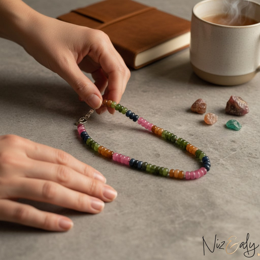 Niz & Aly multicolored oval jade quartz beaded necklace held by hands on a grey surface with a notebook and tea mug.