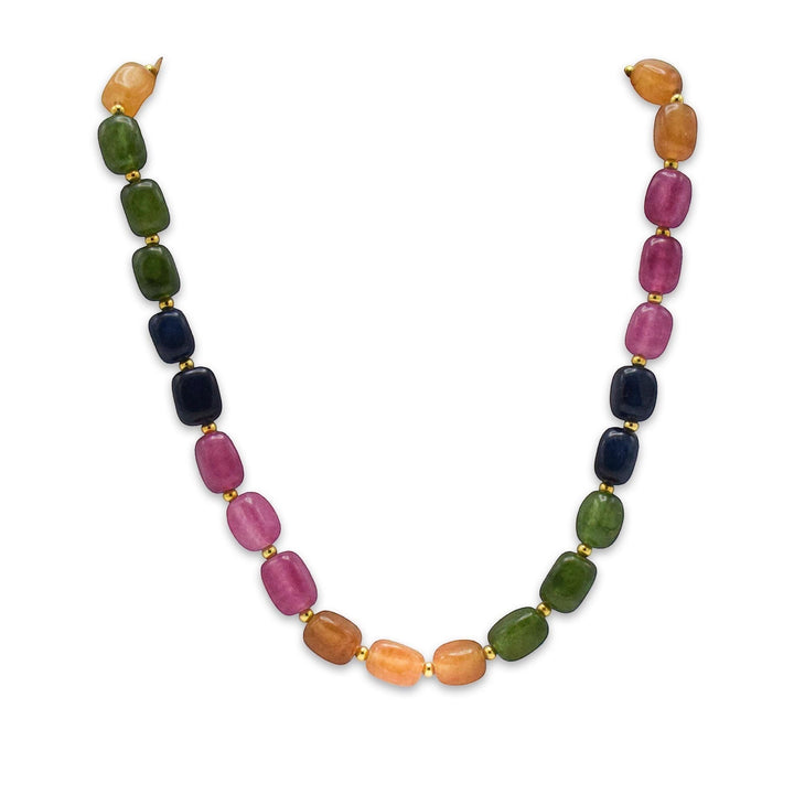 Niz & Aly multicolored rectangular jade-quartz statement necklace with vibrant natural gemstone beads.