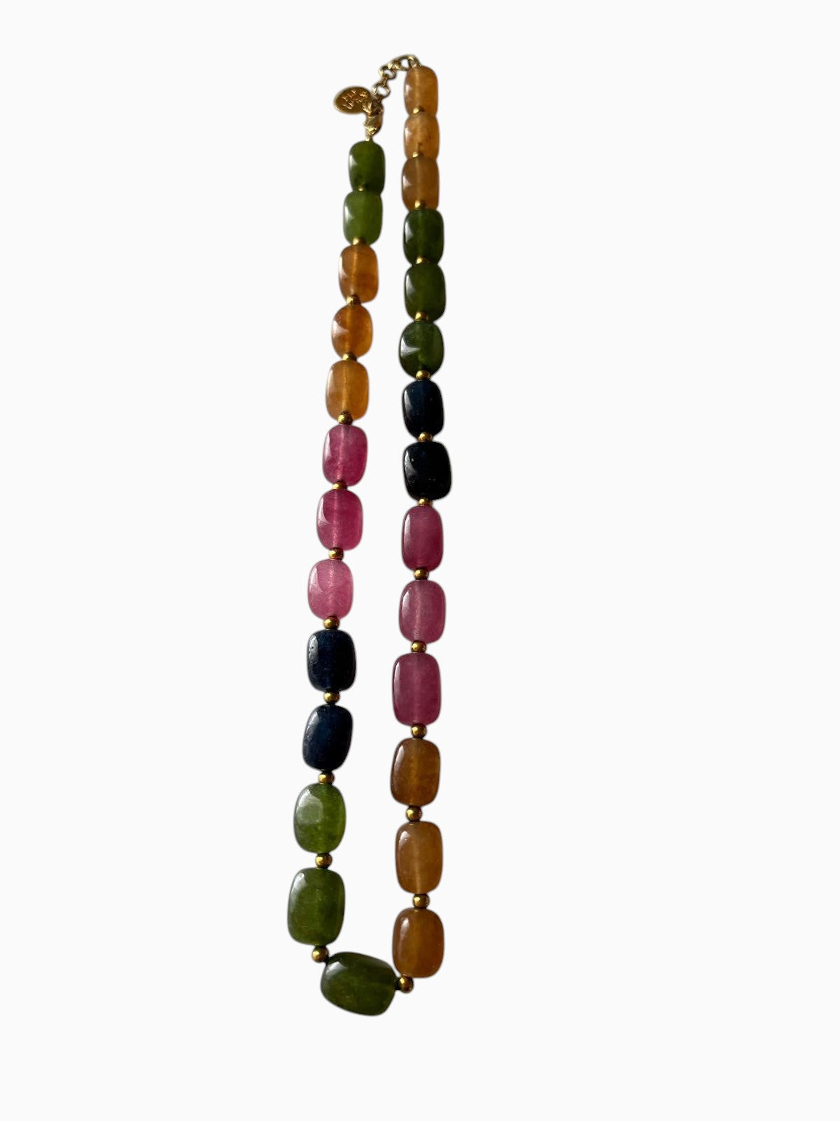 Niz & Aly multicolored rectangular quartz bead necklace featuring vibrant jade-inspired hues and gold spacers.