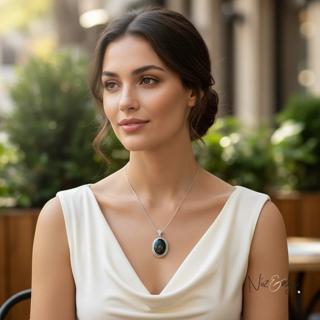 Niz & Aly natural bloodstone pendant with red flecks on a silver chain worn by a woman in a white dress