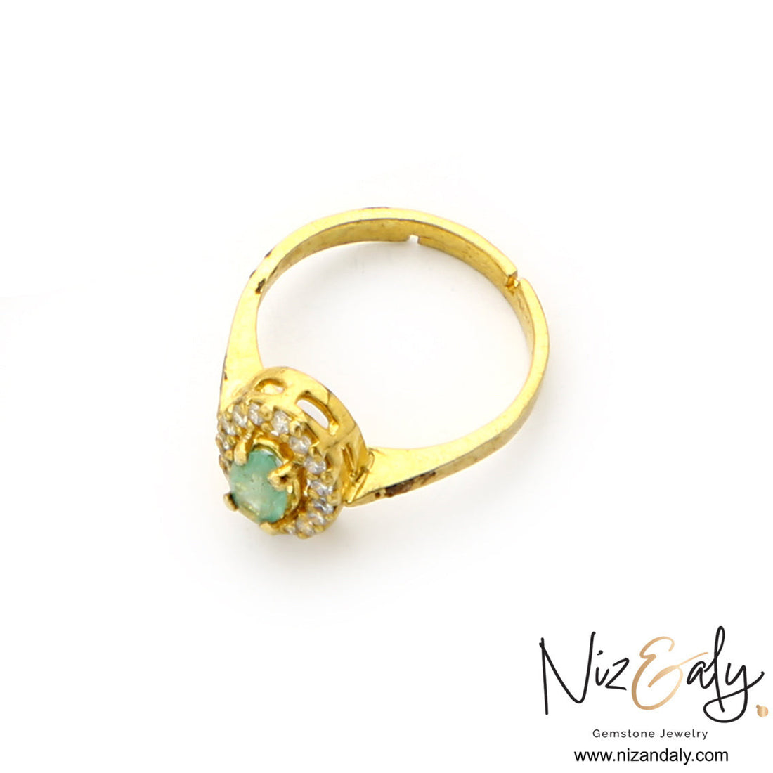 Niz & Aly adjustable gold-plated sterling silver ring featuring a natural oval emerald with a clear stone halo.