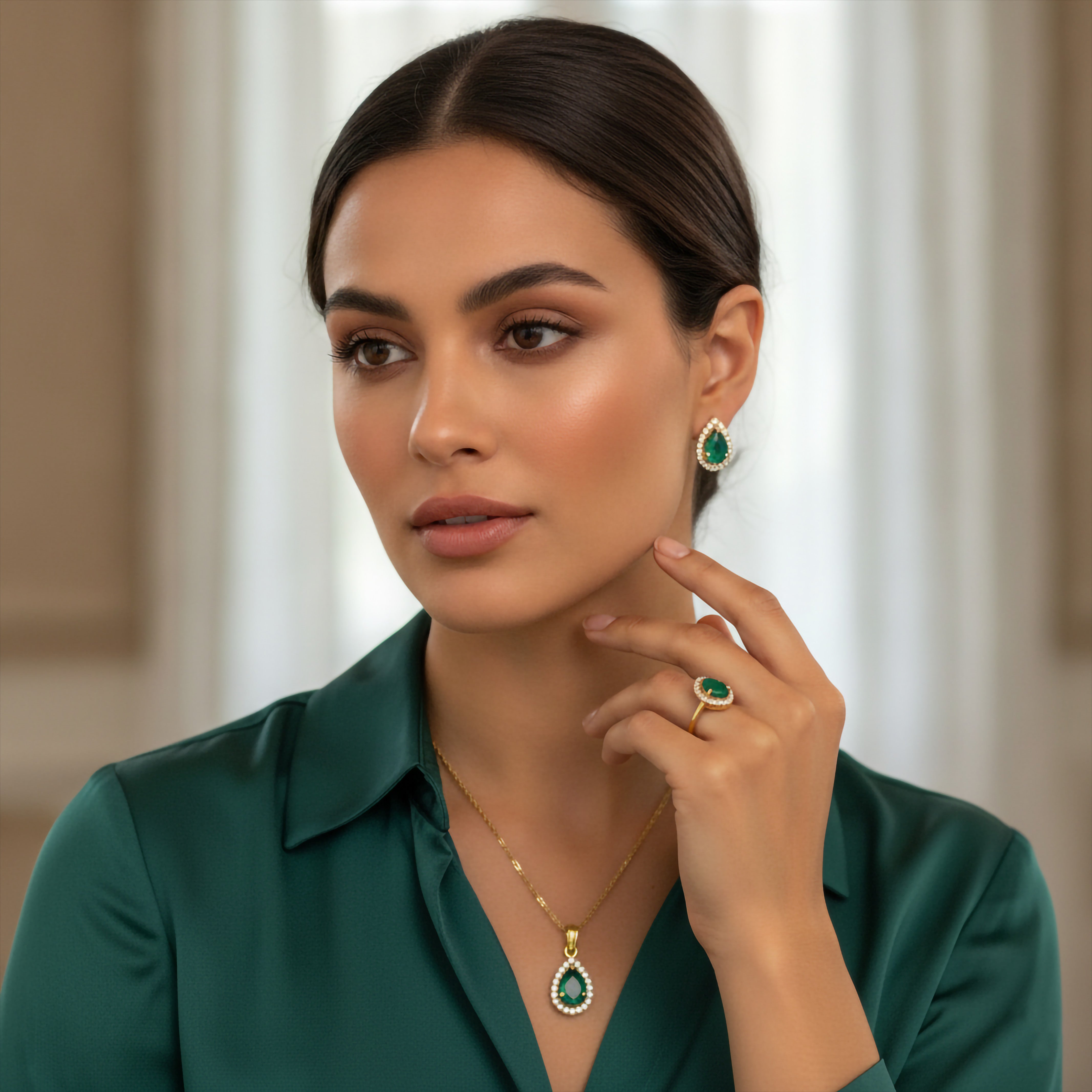 Niz & Aly teardrop emerald jewelry set with gold-plated sterling silver pendant, earrings, and ring on a model