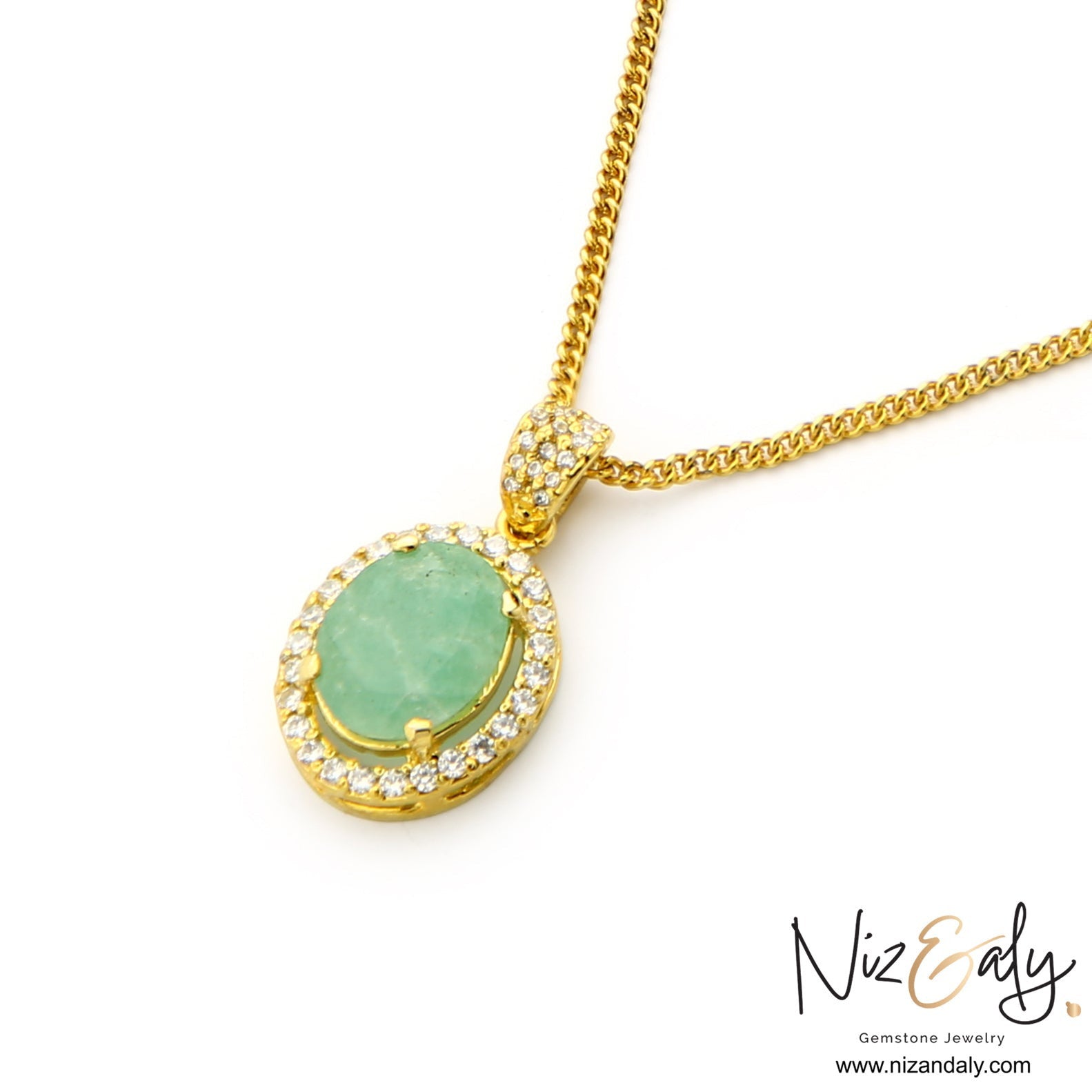 Niz & Aly oval natural emerald pendant necklace in gold-plated sterling silver with a sparkling clear stone halo