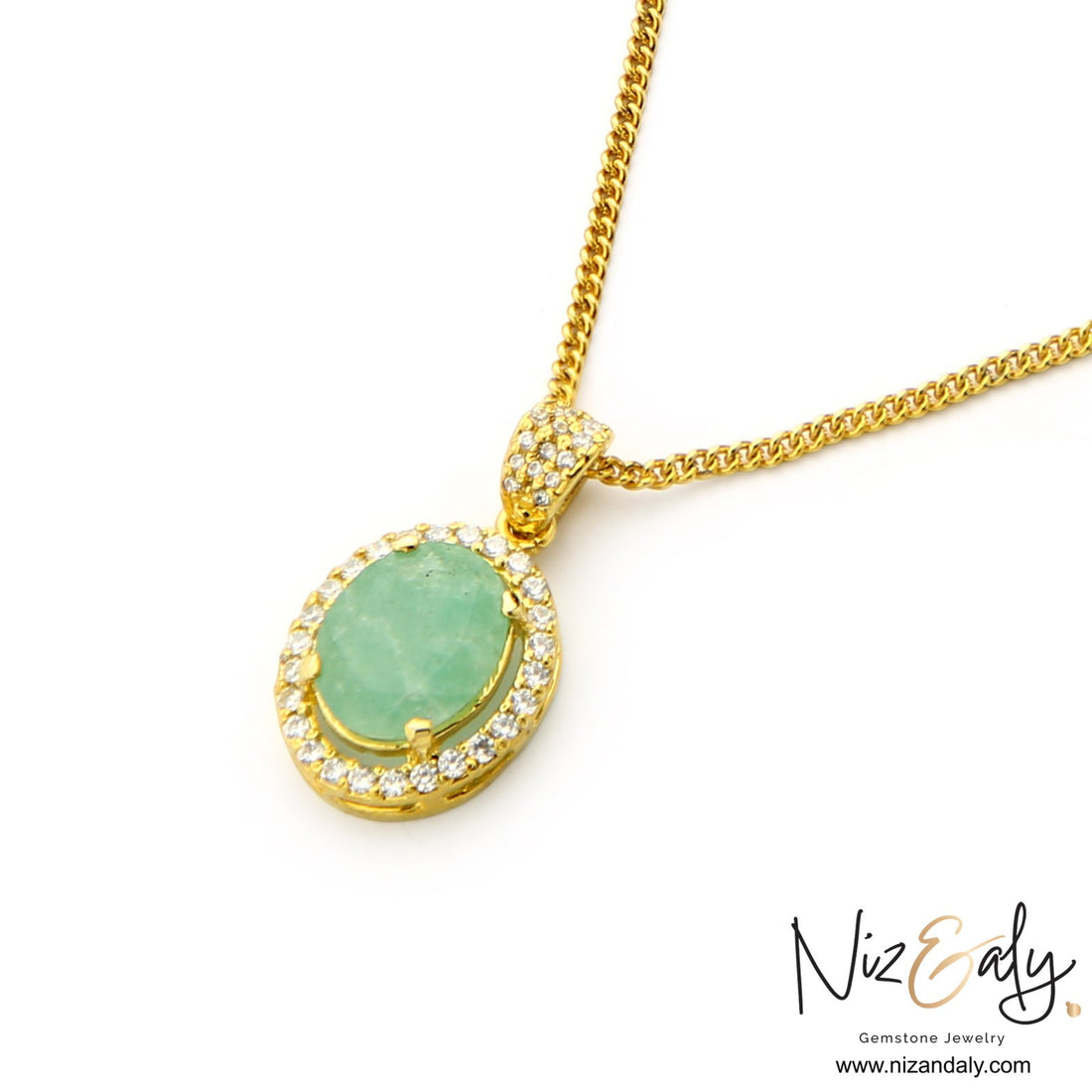 Niz & Aly oval natural emerald pendant necklace in gold-plated sterling silver with a sparkling clear stone halo