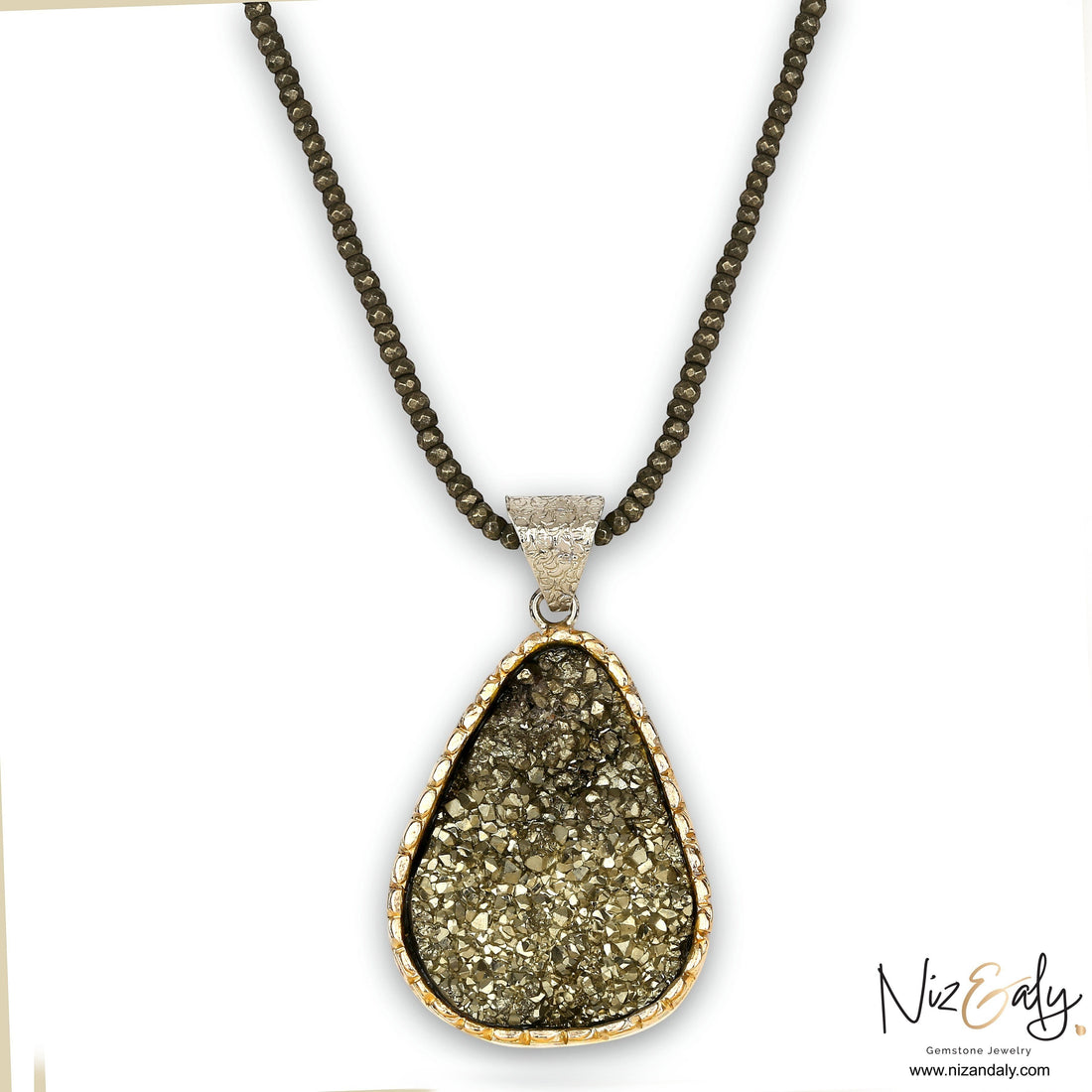 Niz & Aly natural pyrite pendant necklace with faceted pyrite beads and a sterling silver setting for elegant style.