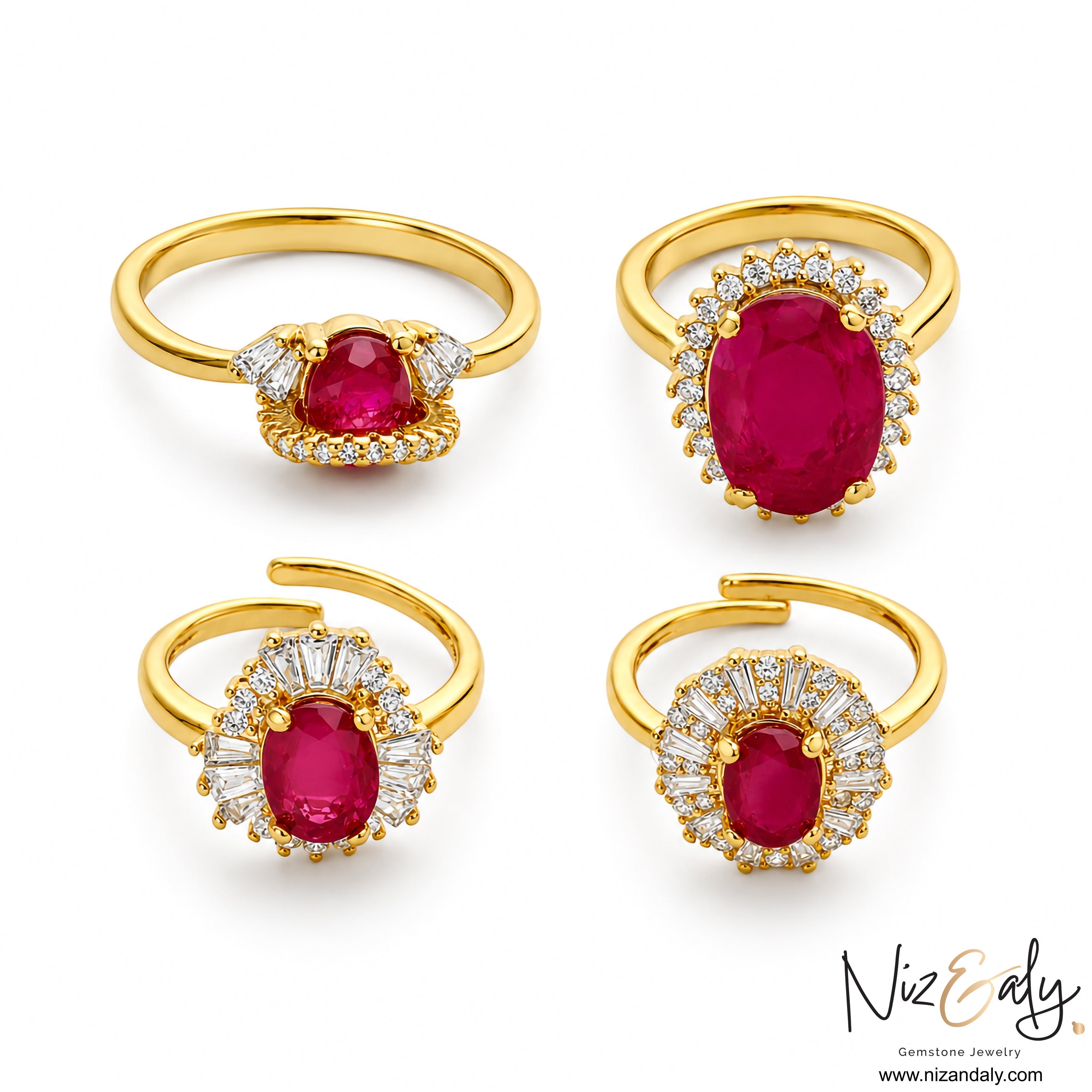 Niz & Aly collection of four gold rings featuring natural crimson rubies in oval and cushion cuts with diamond halos.