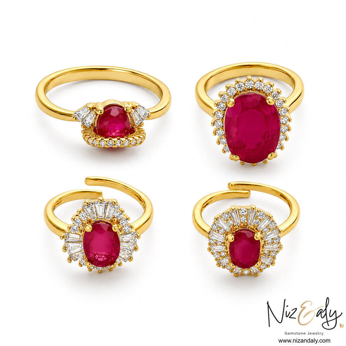 Niz & Aly collection of four gold rings featuring natural crimson rubies in oval and cushion cuts with diamond halos.