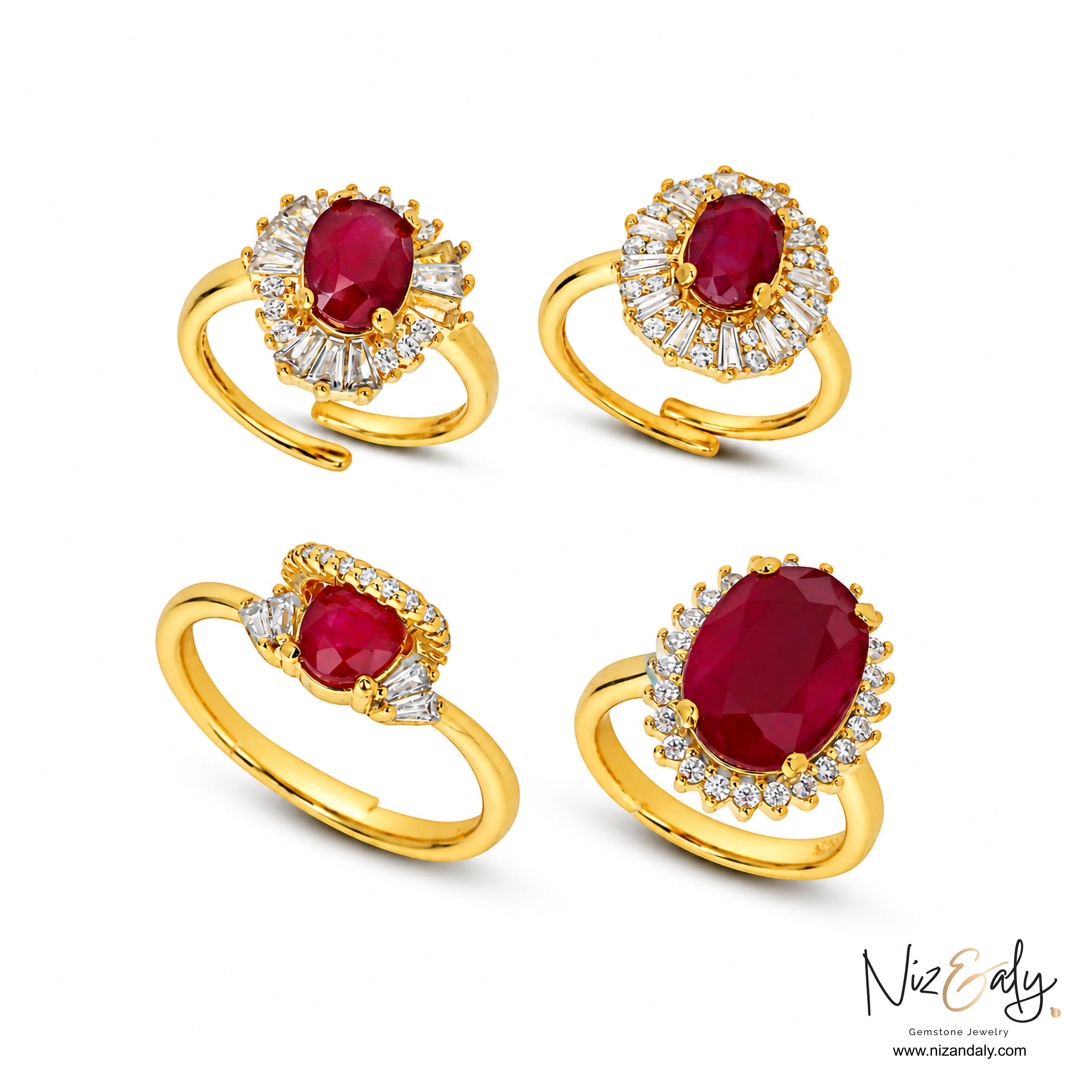 Niz & Aly collection of four gold rings featuring deep crimson natural rubies surrounded by sparkling diamond halos.