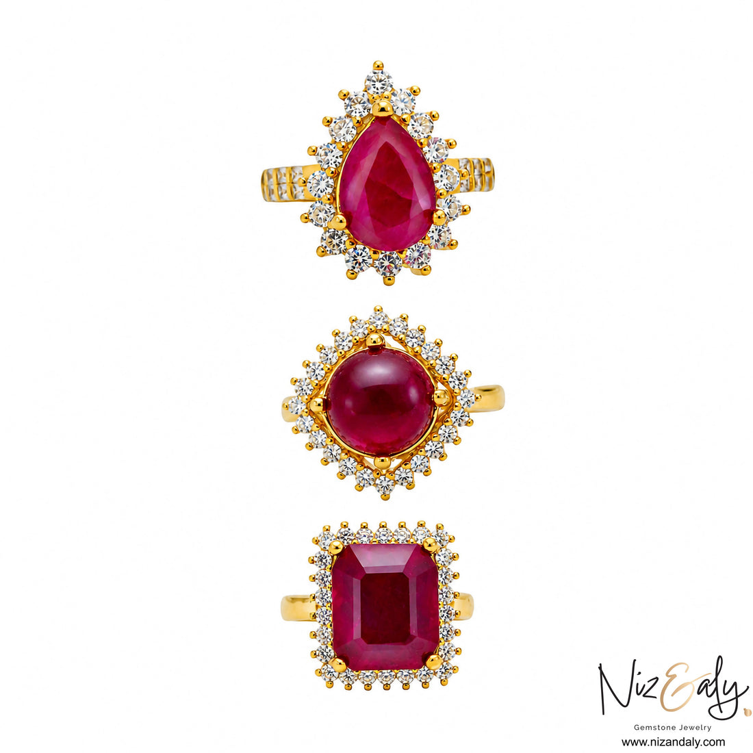 Niz & Aly natural ruby rings featuring pear, cabochon, and emerald-cut crimson stones with diamond halos in gold settings.