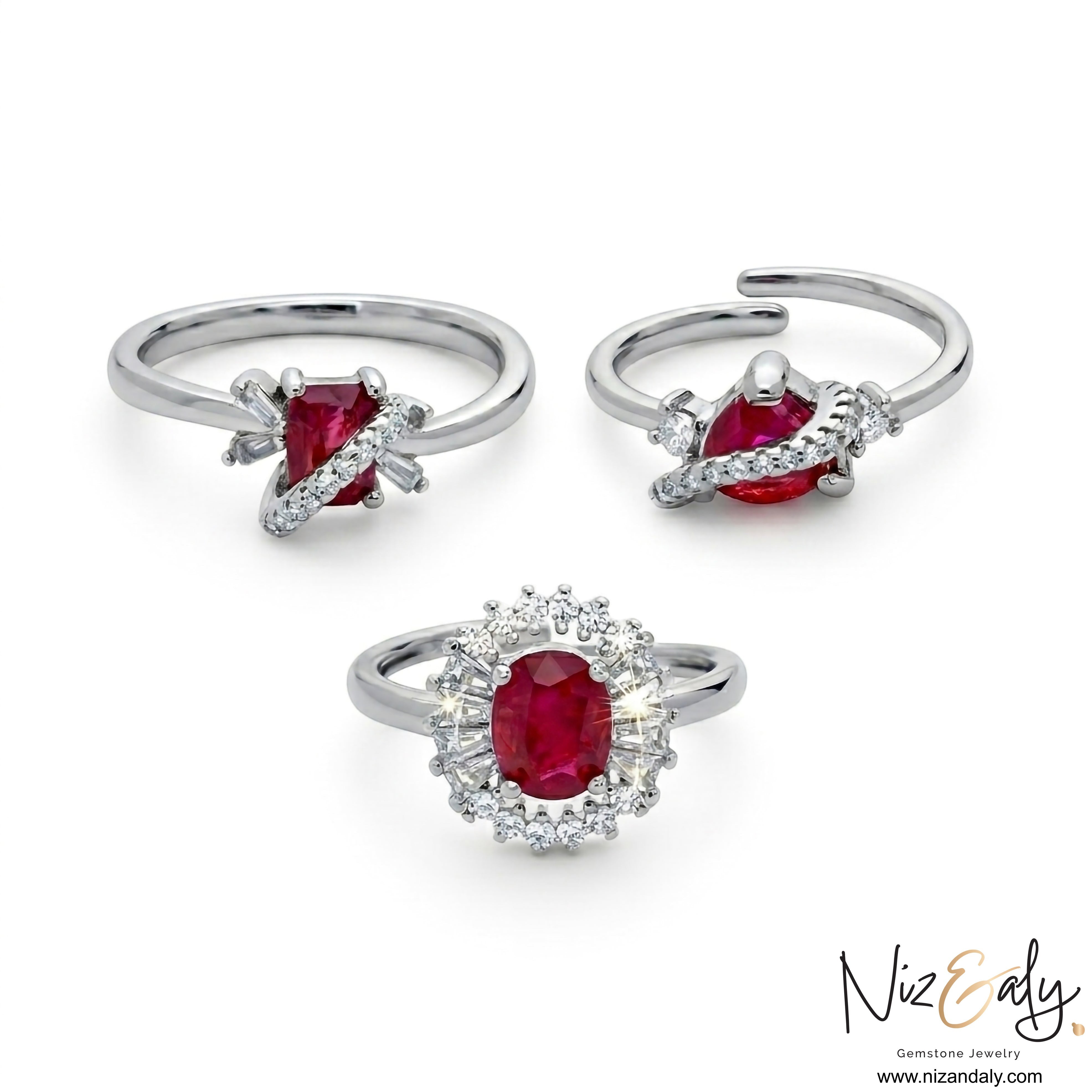 Niz & Aly natural ruby rings featuring oval and cushion cut crimson gemstones set in elegant silver bands with diamonds