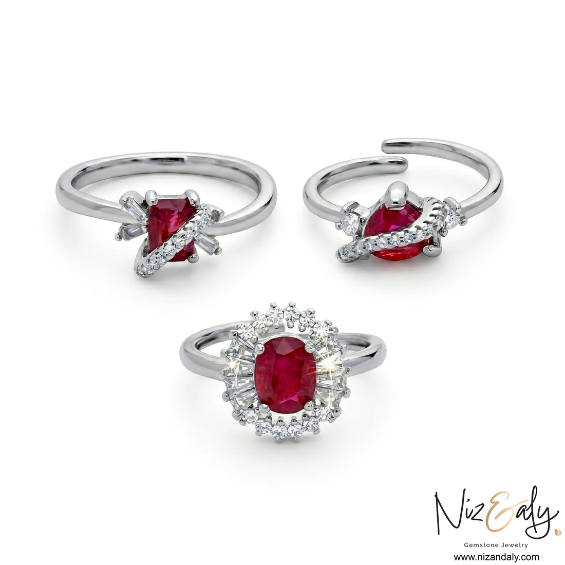 Niz & Aly natural ruby rings featuring oval and cushion cut crimson gemstones set in elegant silver bands with diamonds