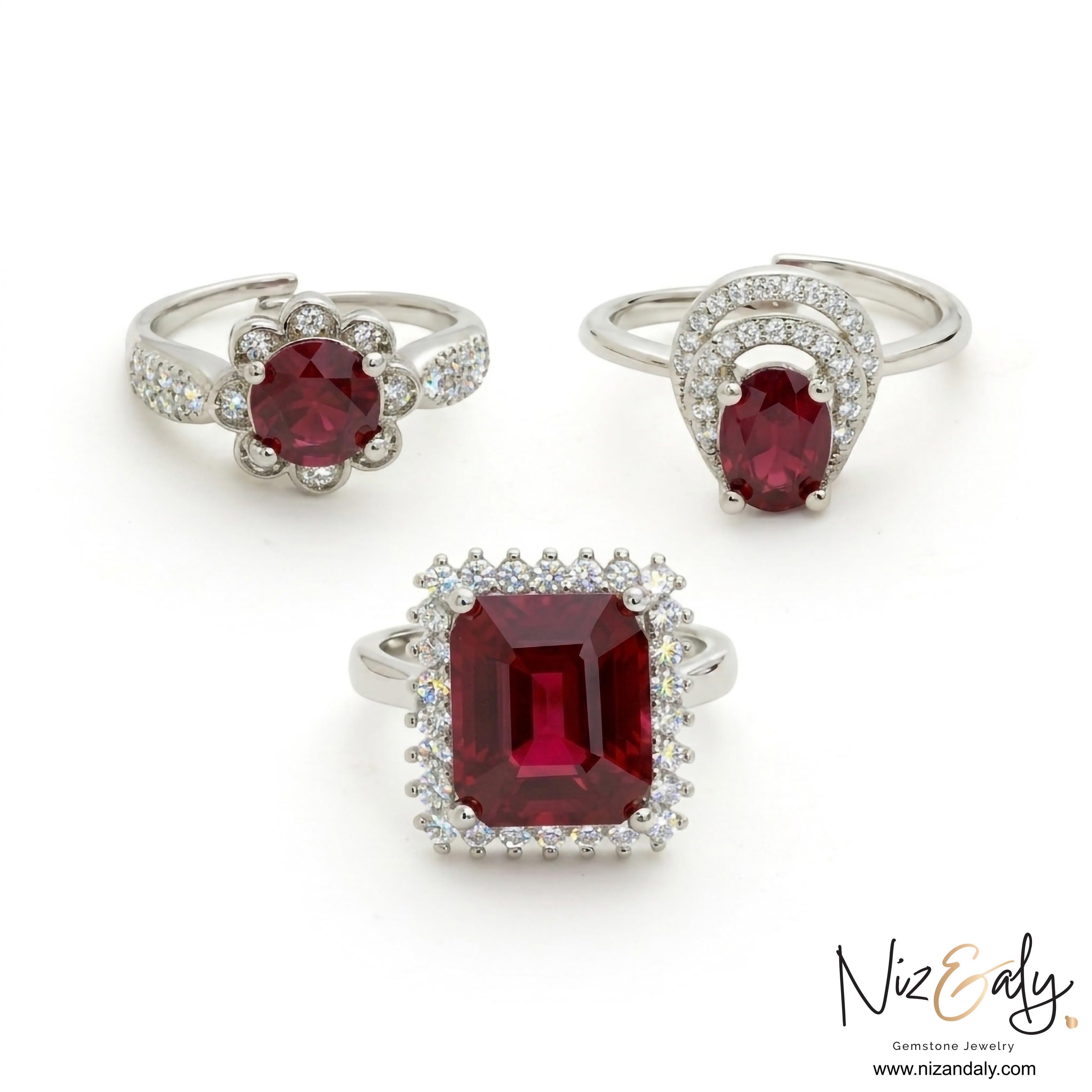 Niz & Aly natural ruby rings featuring emerald, oval, and round cuts set in silver bands with diamond accents.