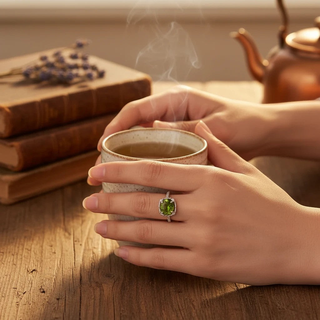 Niz & Aly Olive Bloom adjustable ring featuring a vibrant olive-green peridot gemstone on a woman holding a warm mug.