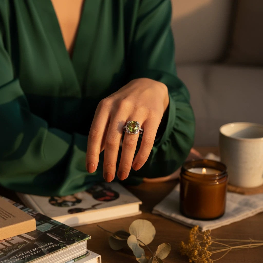 Niz & Aly Olive Bloom adjustable ring featuring a vibrant olive-green peridot gemstone on a woman's hand.