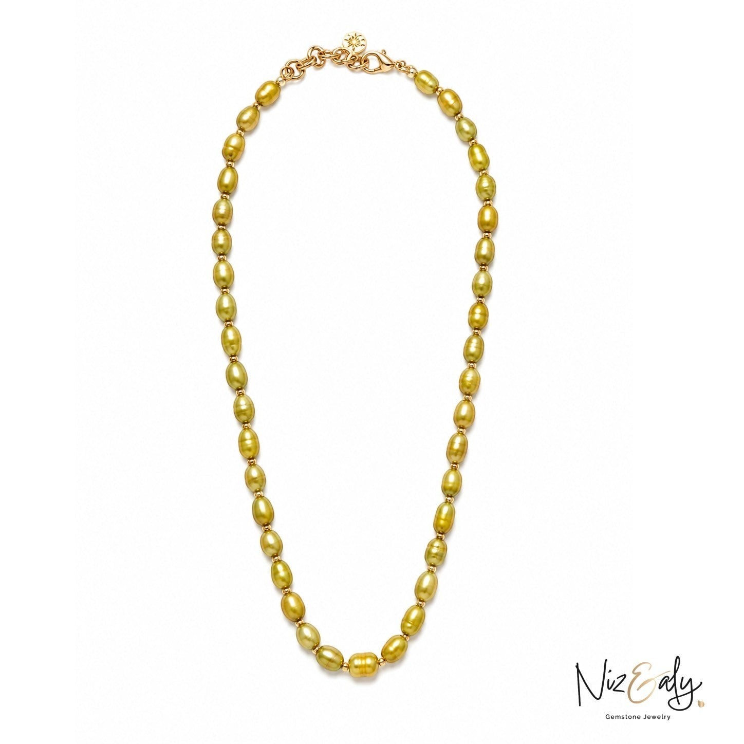 Niz & Aly minimalist necklace featuring luminous olive green oval gemstone beads on a delicate gold chain