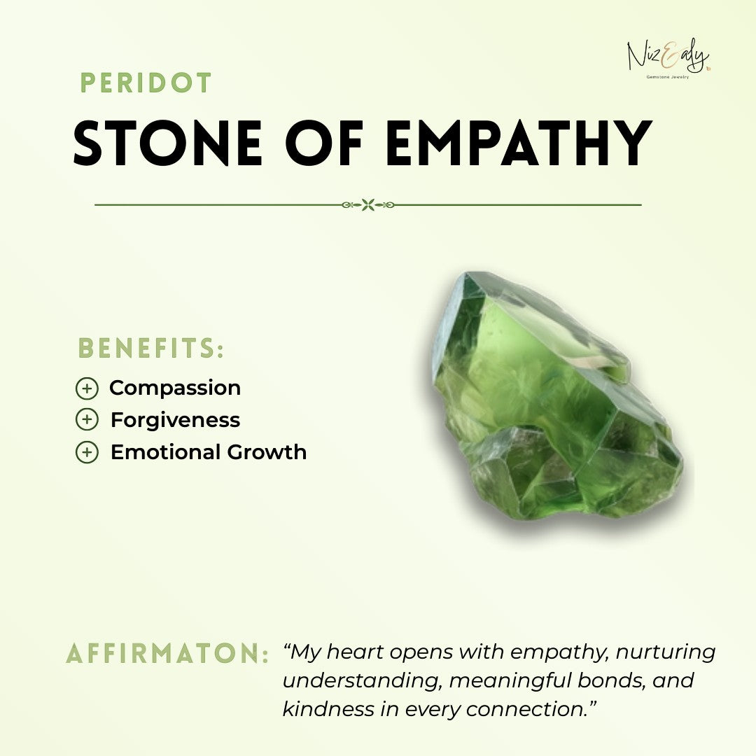 Niz & Aly olive-green peridot gemstone featuring a faceted natural crystal for emotional healing and empathy