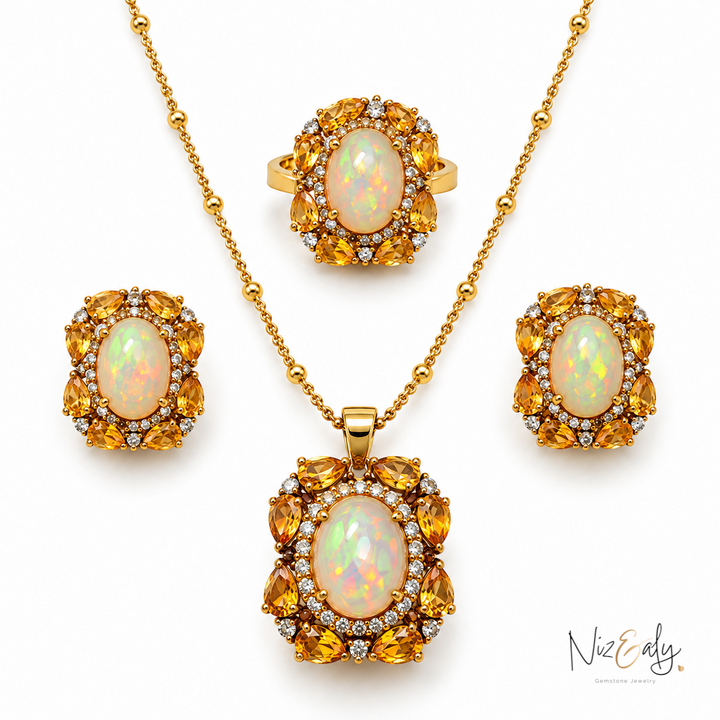 Niz & Aly jewelry set featuring oval opals surrounded by yellow citrine and diamonds in gold settings