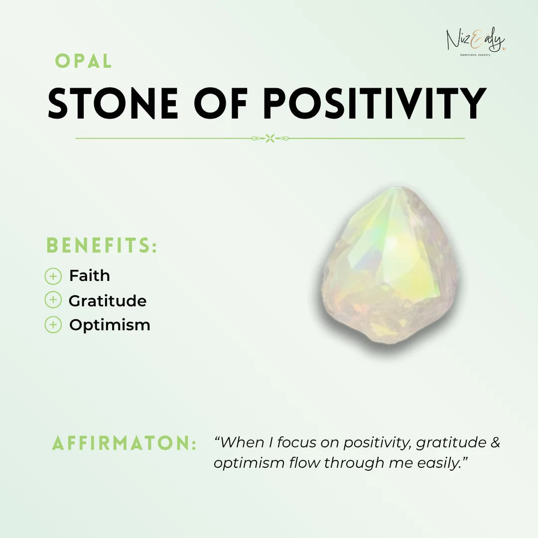 Niz & Aly natural opal and clear quartz crystal stud earring with iridescent glow on a soft green background