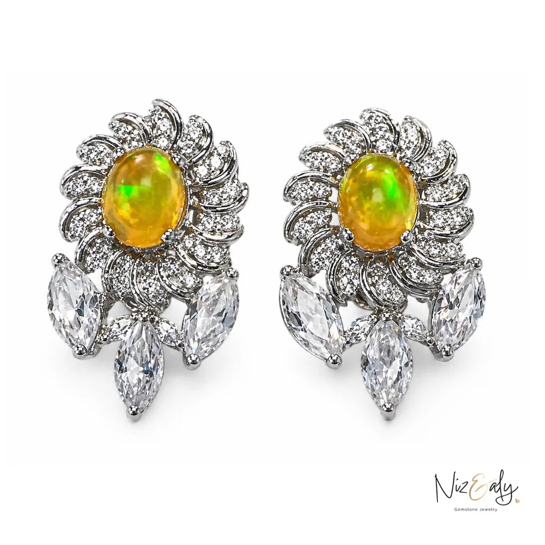 Niz & Aly natural opal and clear quartz stud earrings featuring a floral design with sparkling crystal accents.