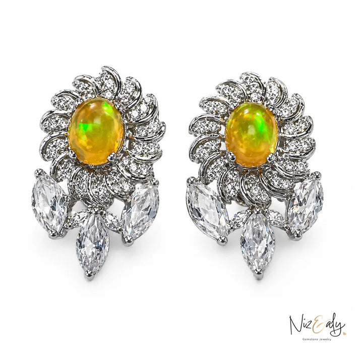 Niz & Aly natural opal and clear quartz stud earrings featuring a floral design with sparkling crystal accents.